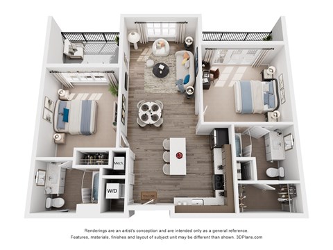 Floor plan for 2 beds, 2 baths, 986 sqft